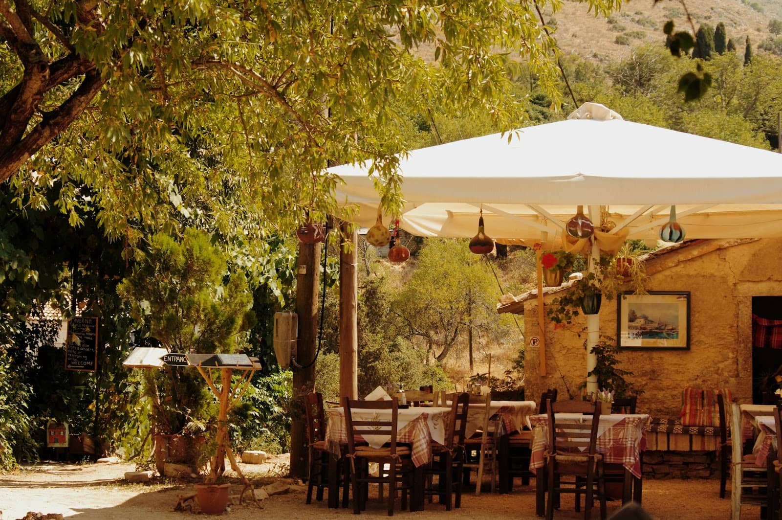 An outdoor rustic tavern with wooden tables, checkered tablecloths, and a white canopy amidst lush greenery