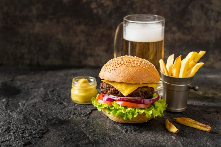 Beef Burger, Fries and Sauce with Beer